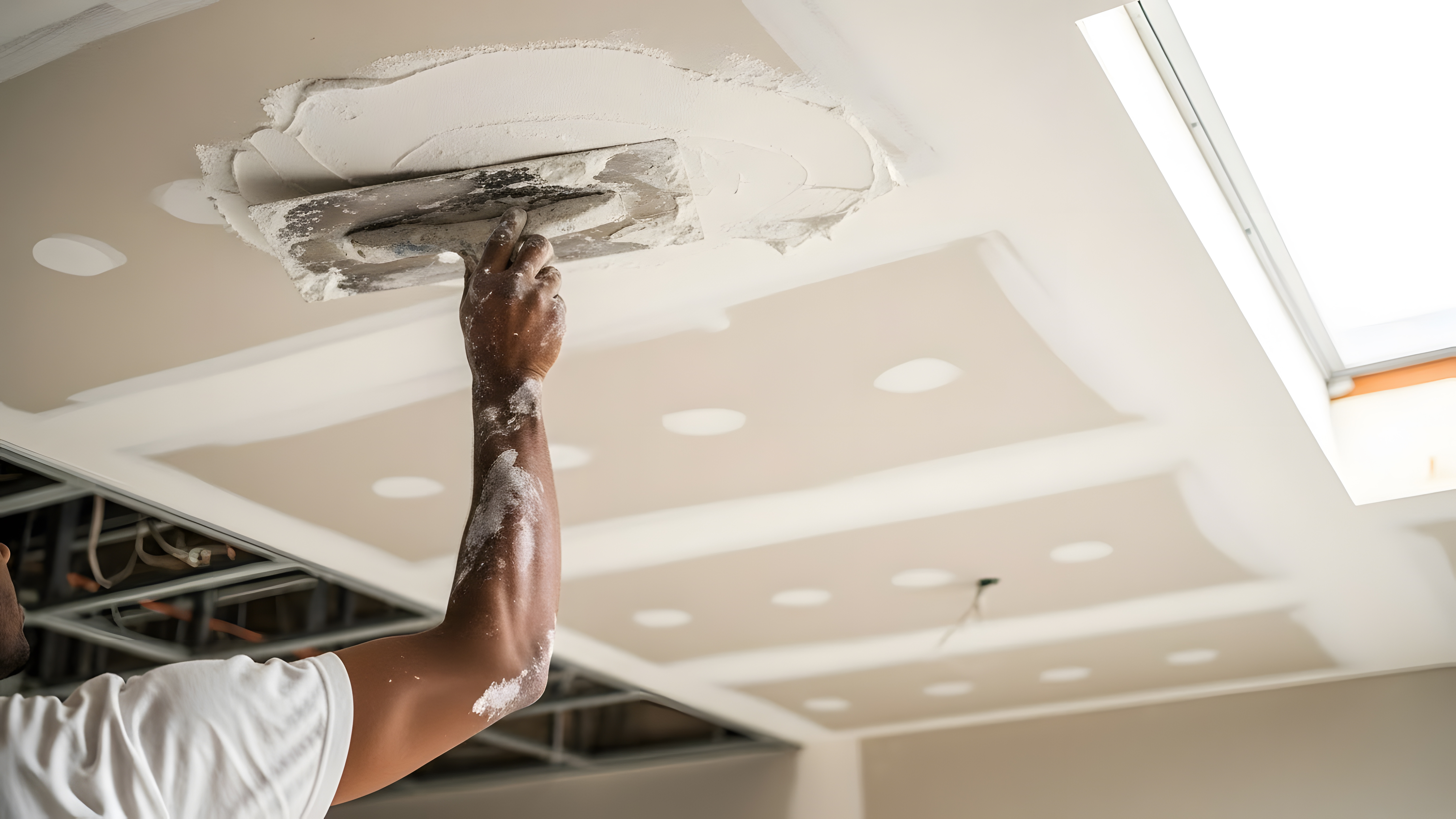 Worker applying joint compound to drywall ceiling with putty knife