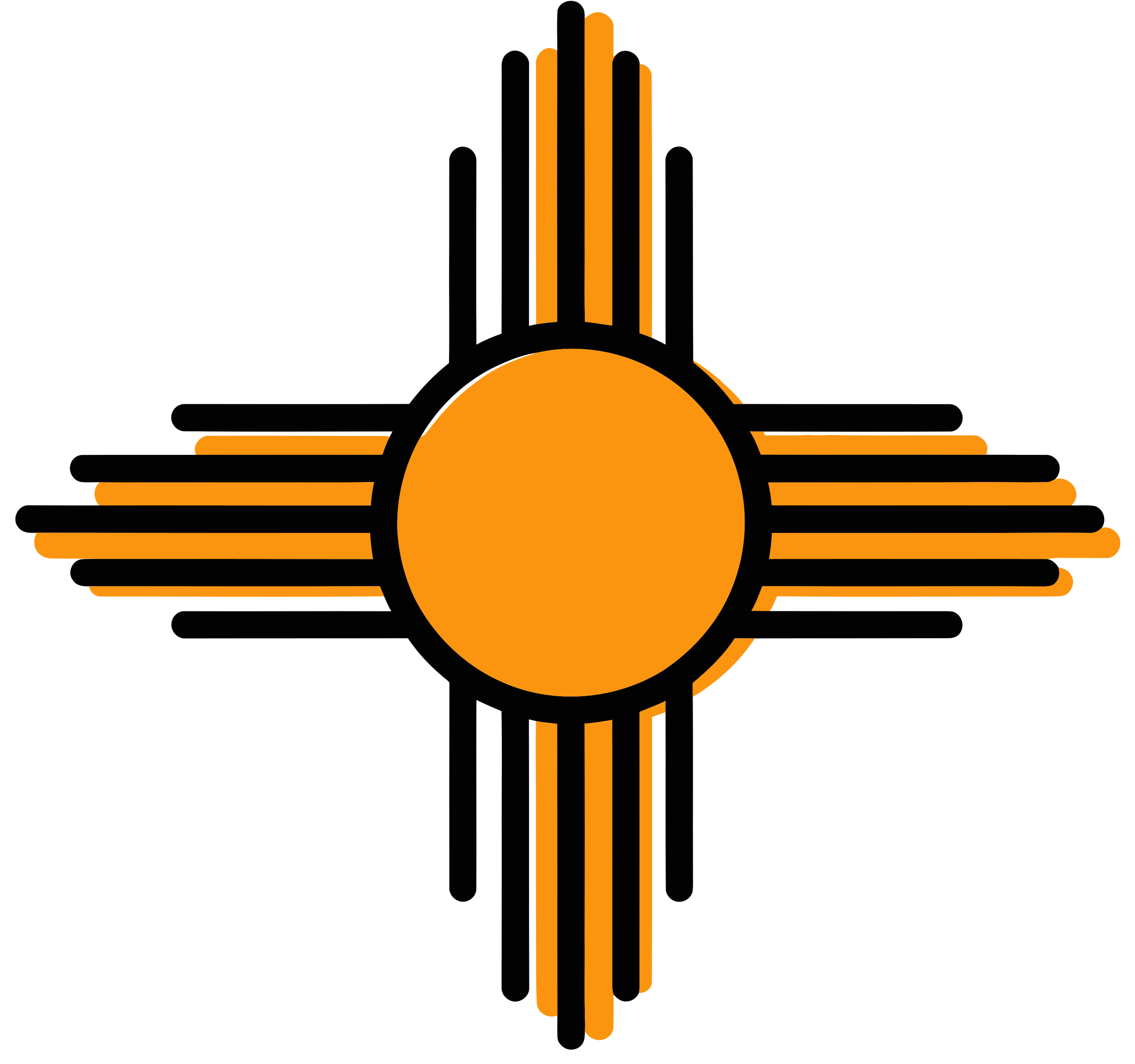 Zia sun symbol in orange and black with radiating lines in four directions
